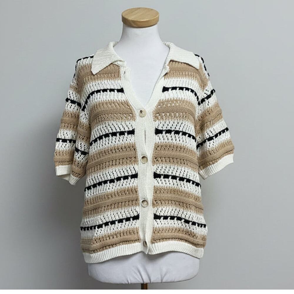 525 khaki and black Fair Isle short sleeve cardigan sweater, size L
